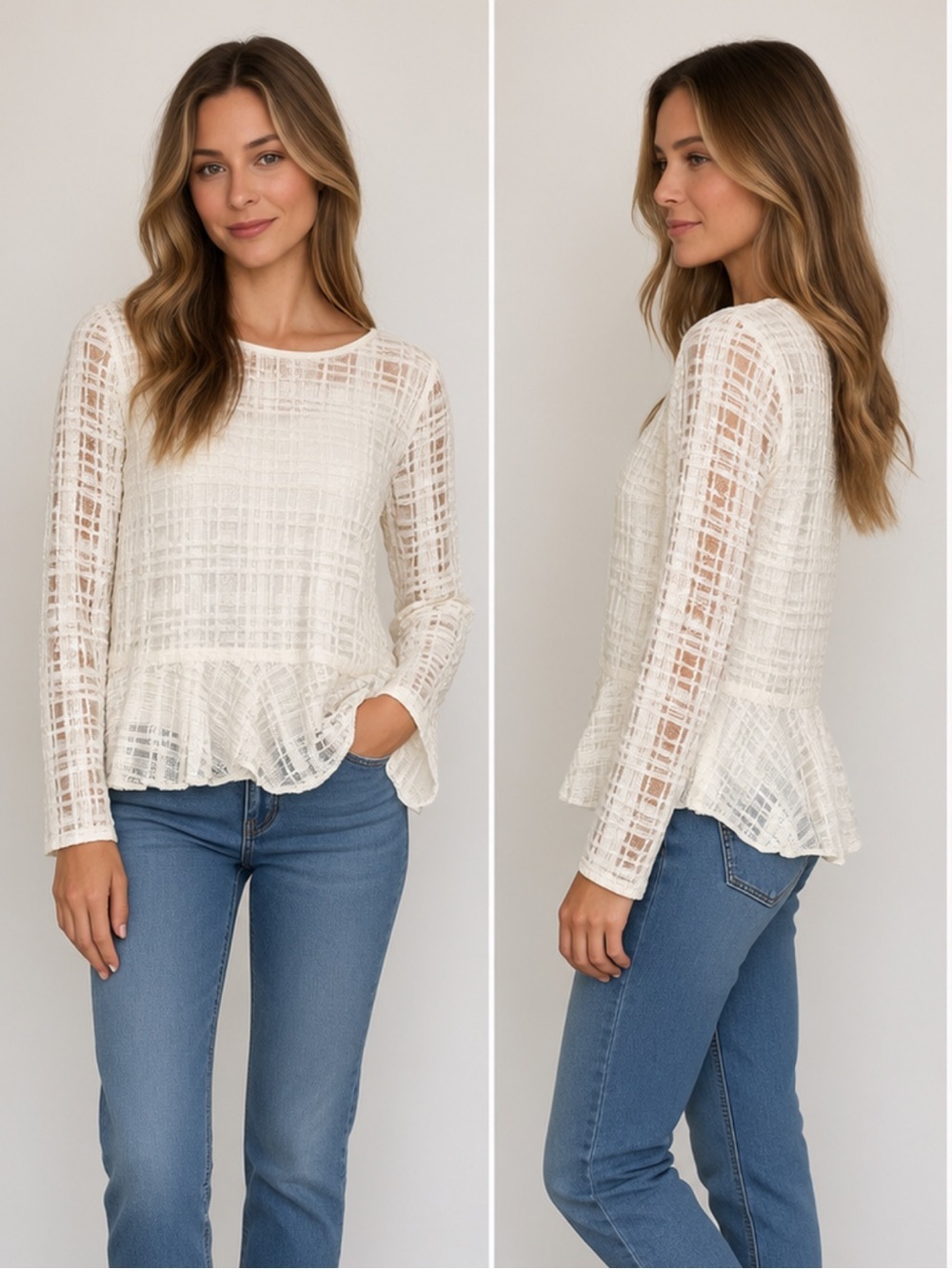 Neiman Marcus Ivory Open-Weave Textured Pullover Sweater – Women’s L